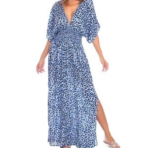 Raviya Dress Beach Resort Cover Up Navy Animal Print Side Slits Popover S New
